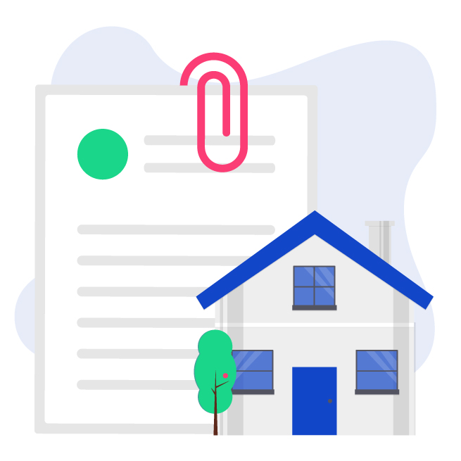 Illustrazione casa con documenti per richiesta della visura catastale soggetto online