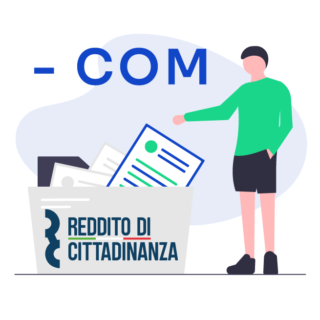 Illustrazione ragazzo in maglietta verde e documenti per richiesta modello RDC Com esteso